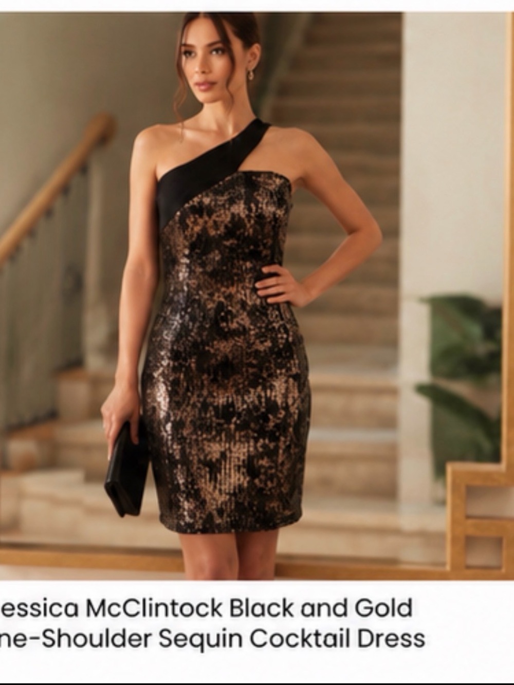 Jessica McClintock Black and Gold One-Shoulder Sequin Cocktail Dress